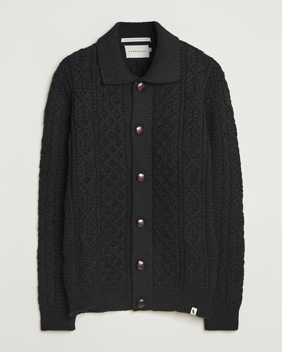 Men | Sweaters & Knitwear | Peregrine | Hudson Wool Aran Knitted Cardigan Black