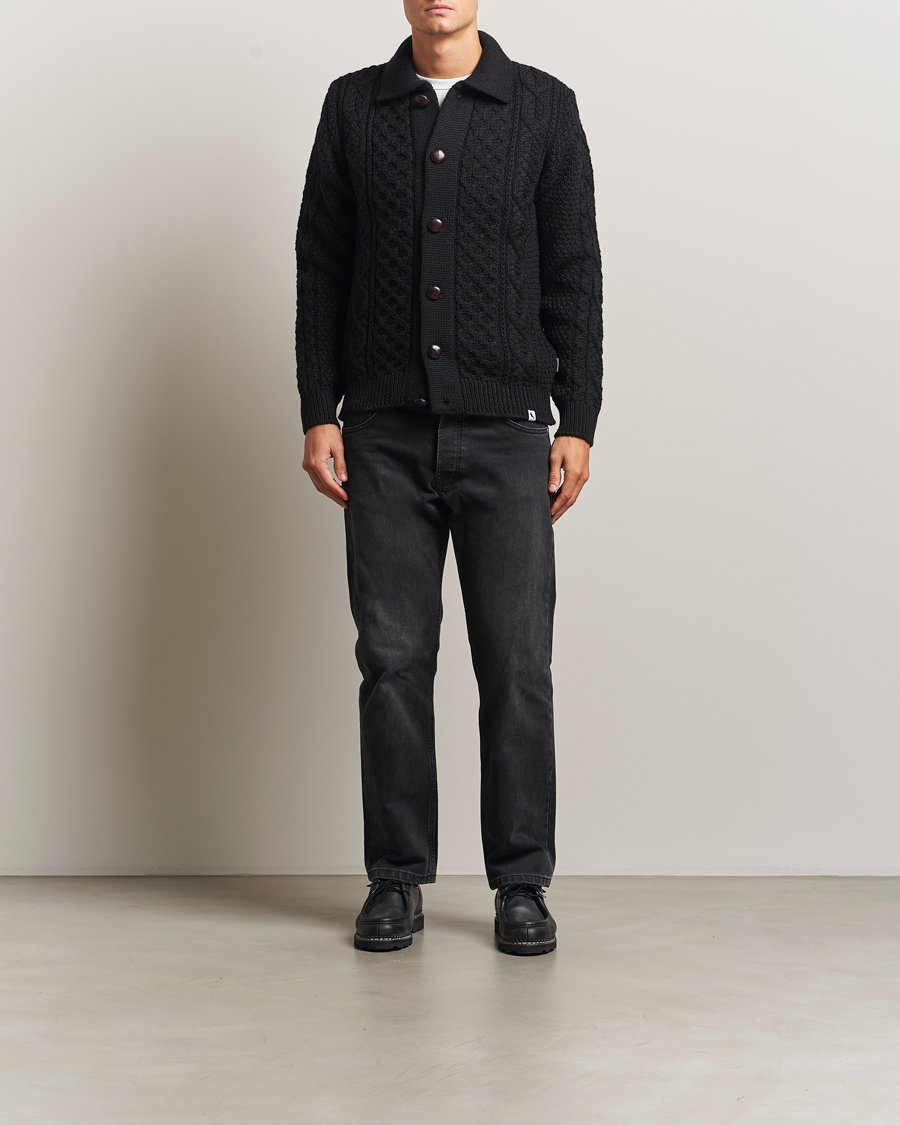 Men | Sweaters & Knitwear | Peregrine | Hudson Wool Aran Knitted Cardigan Black