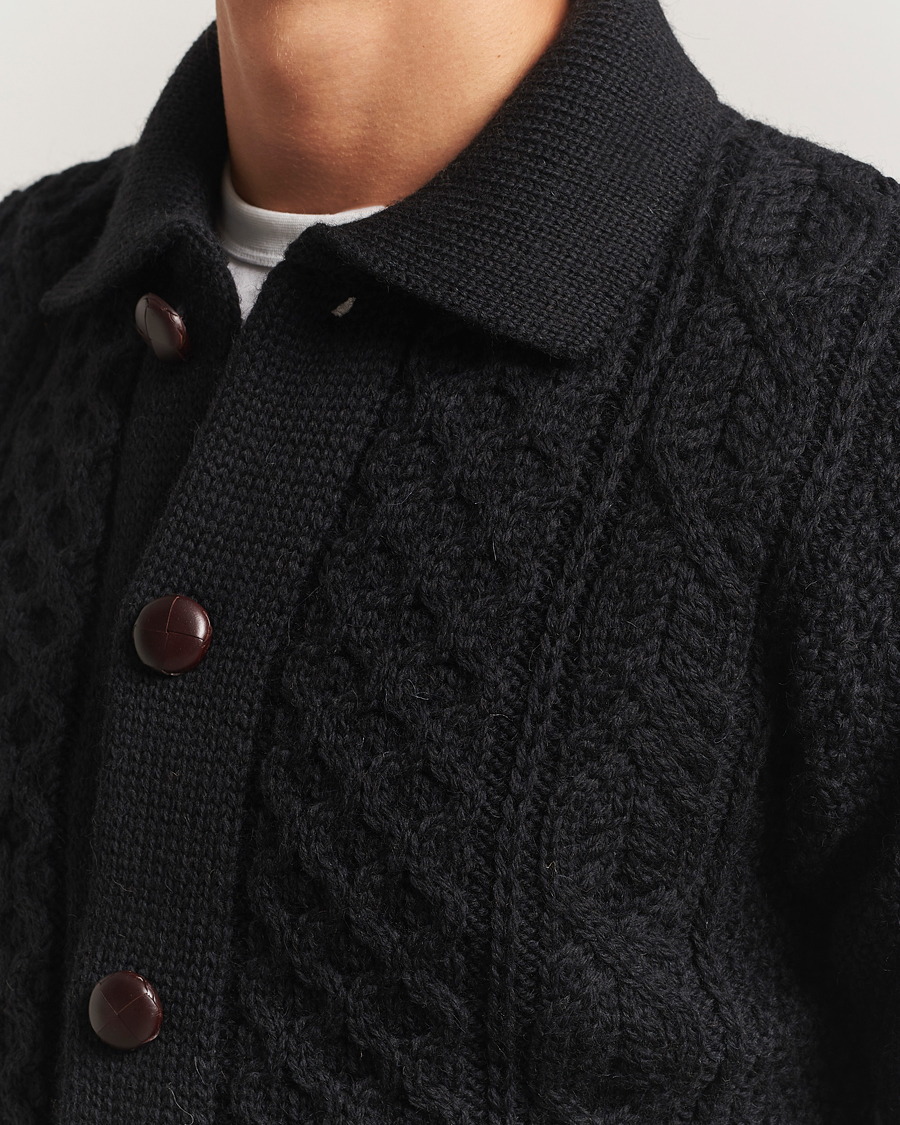 Men | Sweaters & Knitwear | Peregrine | Hudson Wool Aran Knitted Cardigan Black