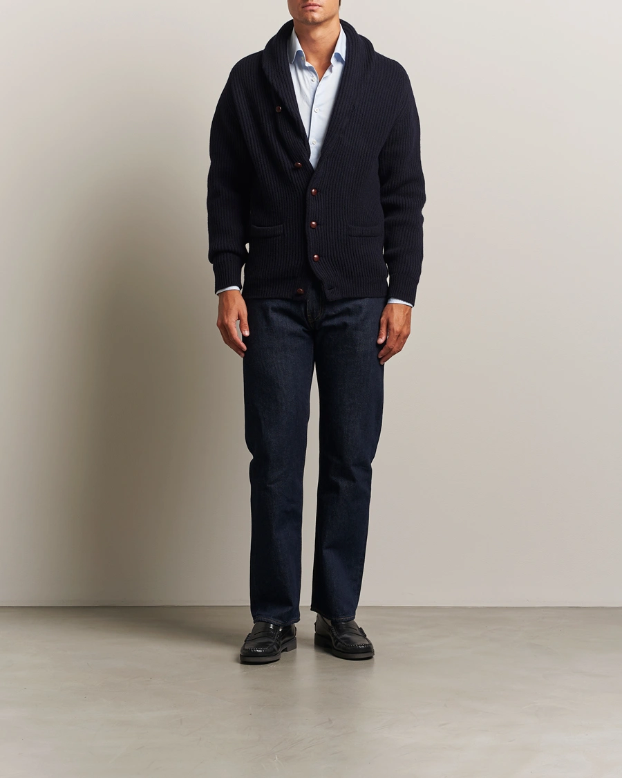 Men | Sweaters & Knitwear | William Lockie | Windsor Geelong Lambswool Shawl Cardigan Navy