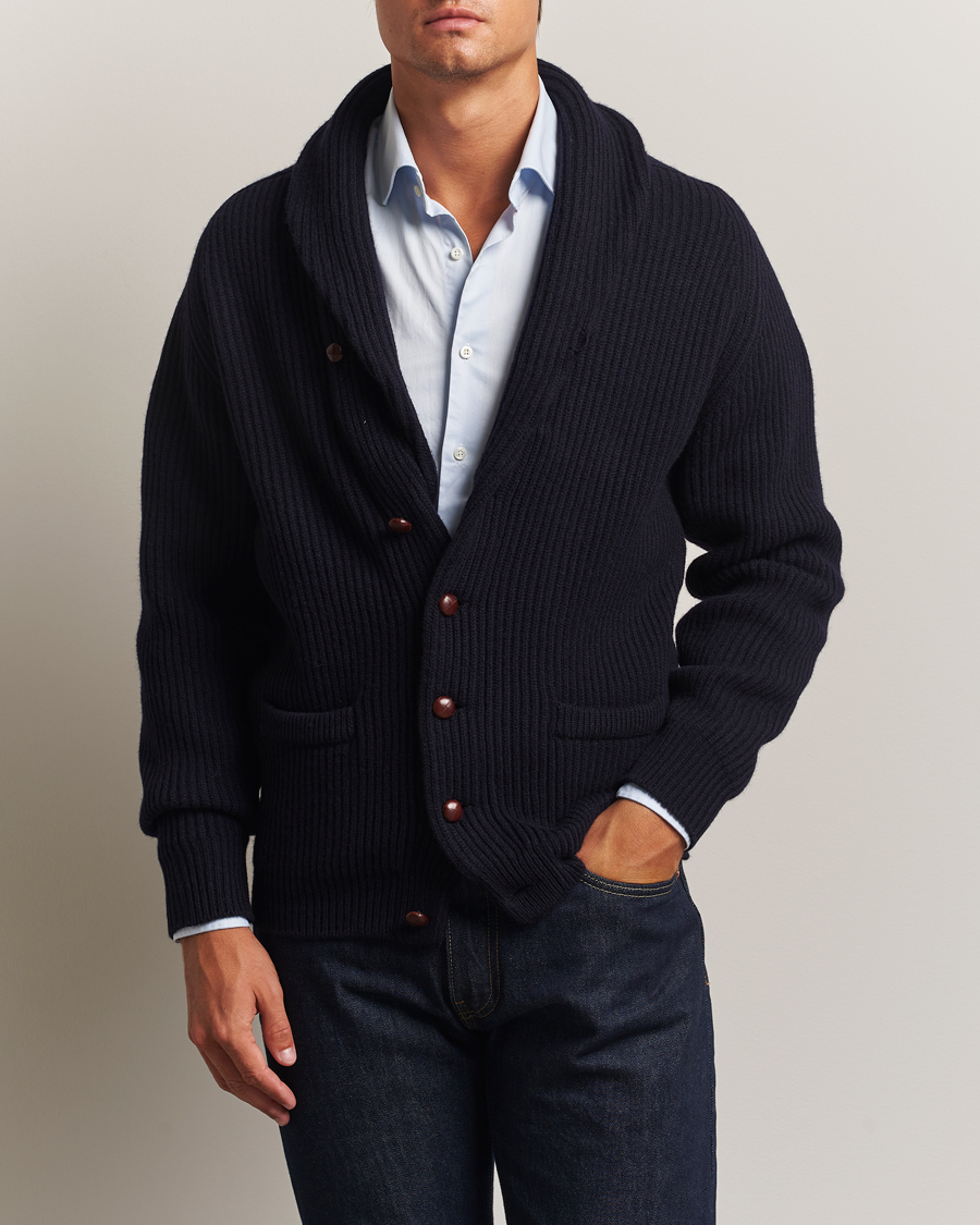 Men | Sweaters & Knitwear | William Lockie | Windsor Geelong Lambswool Shawl Cardigan Navy