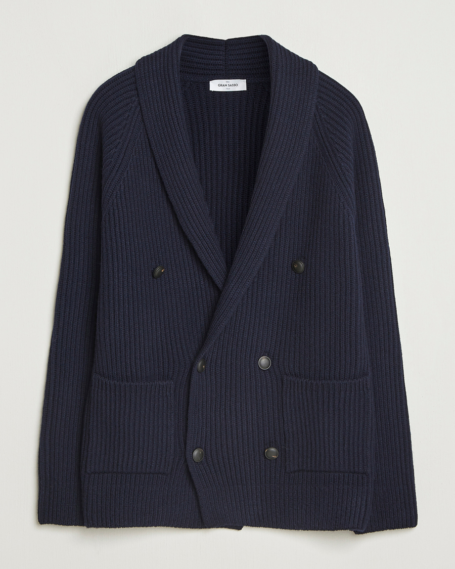 Men | Sweaters & Knitwear | Gran Sasso | Shawl Collar Heavy Knitted Wool Cardigan Navy