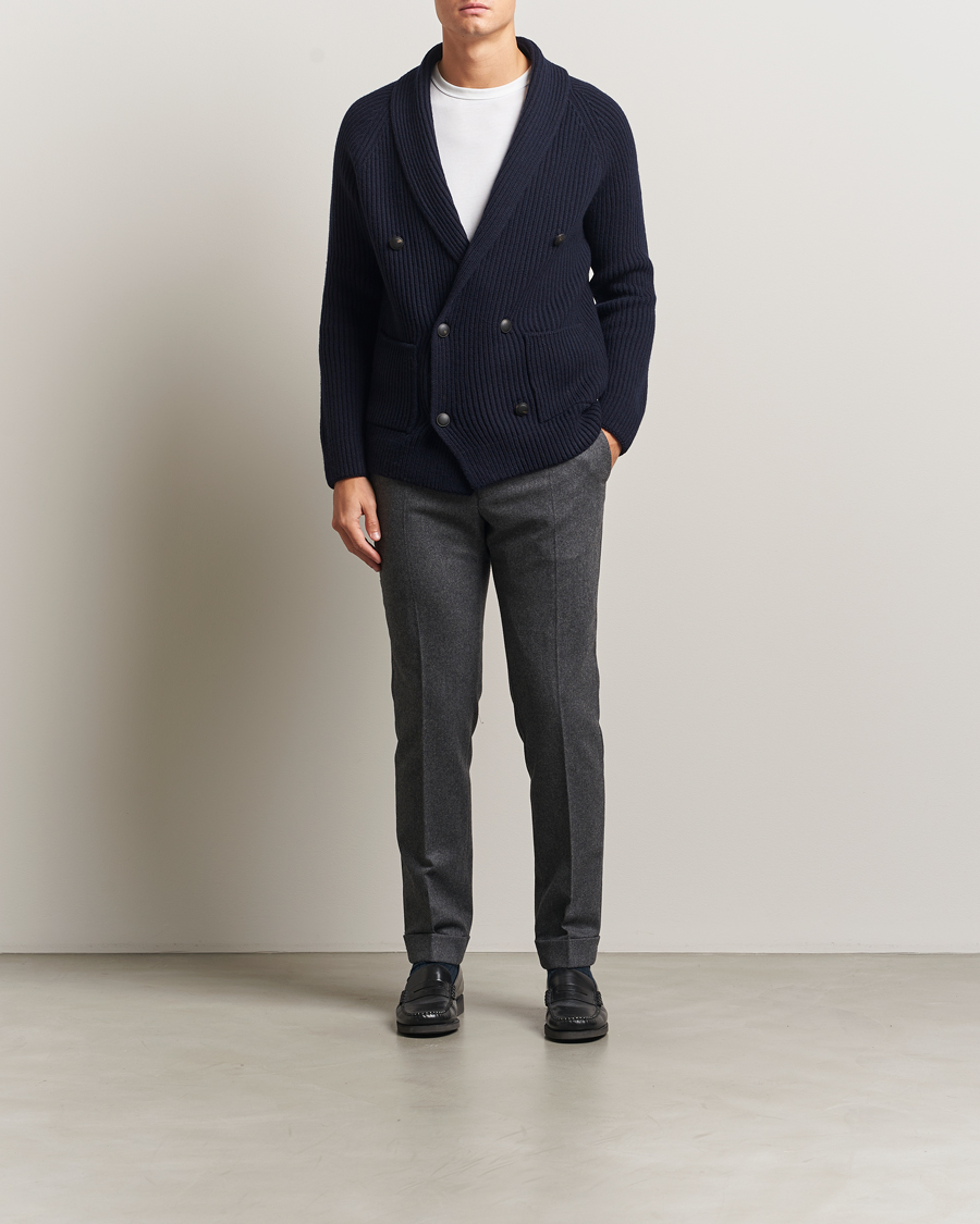 Men | Sweaters & Knitwear | Gran Sasso | Shawl Collar Heavy Knitted Wool Cardigan Navy