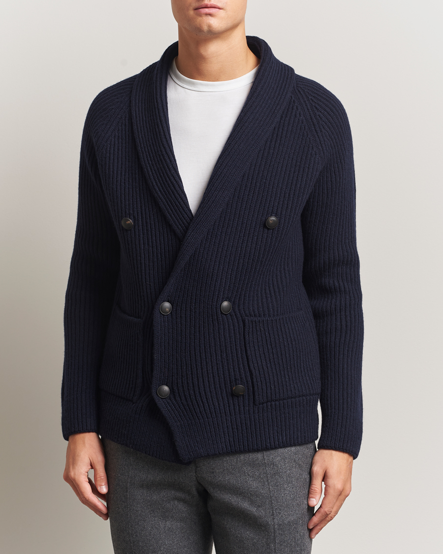 Men | Sweaters & Knitwear | Gran Sasso | Shawl Collar Heavy Knitted Wool Cardigan Navy