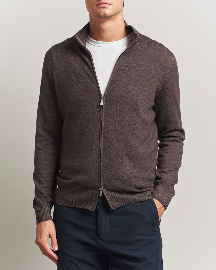 Men | Sweaters & Knitwear | Gran Sasso | Wool/Cashmere Washed Full Zip Brown Melange