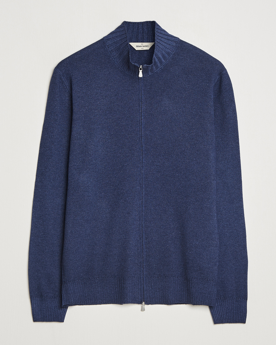 Men | Sweaters & Knitwear | Gran Sasso | Wool/Cashmere Washed Full Zip Navy Melange
