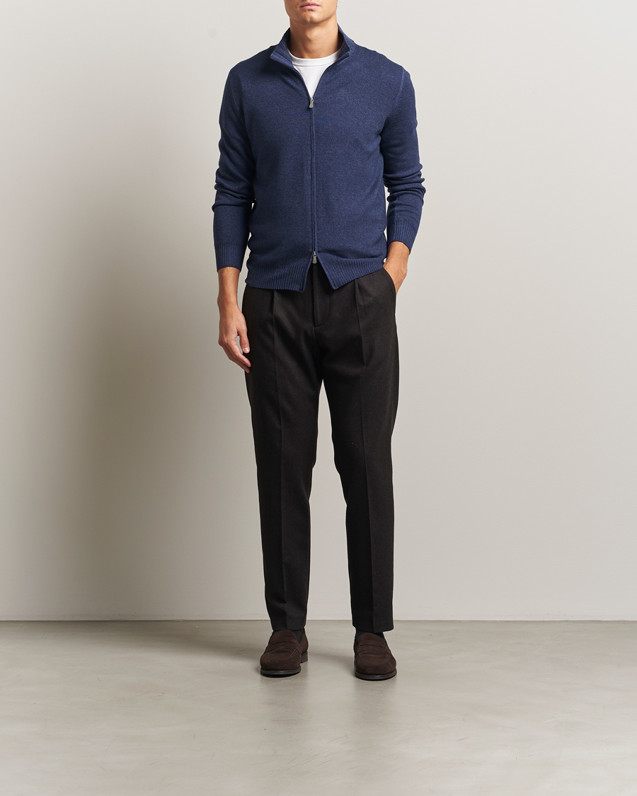 Men | Sweaters & Knitwear | Gran Sasso | Wool/Cashmere Washed Full Zip Navy Melange