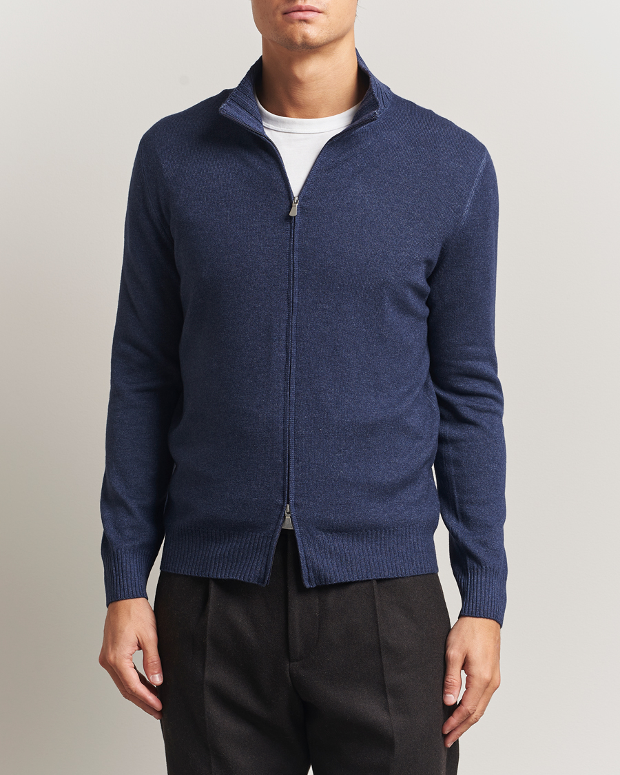 Men | Sweaters & Knitwear | Gran Sasso | Wool/Cashmere Washed Full Zip Navy Melange