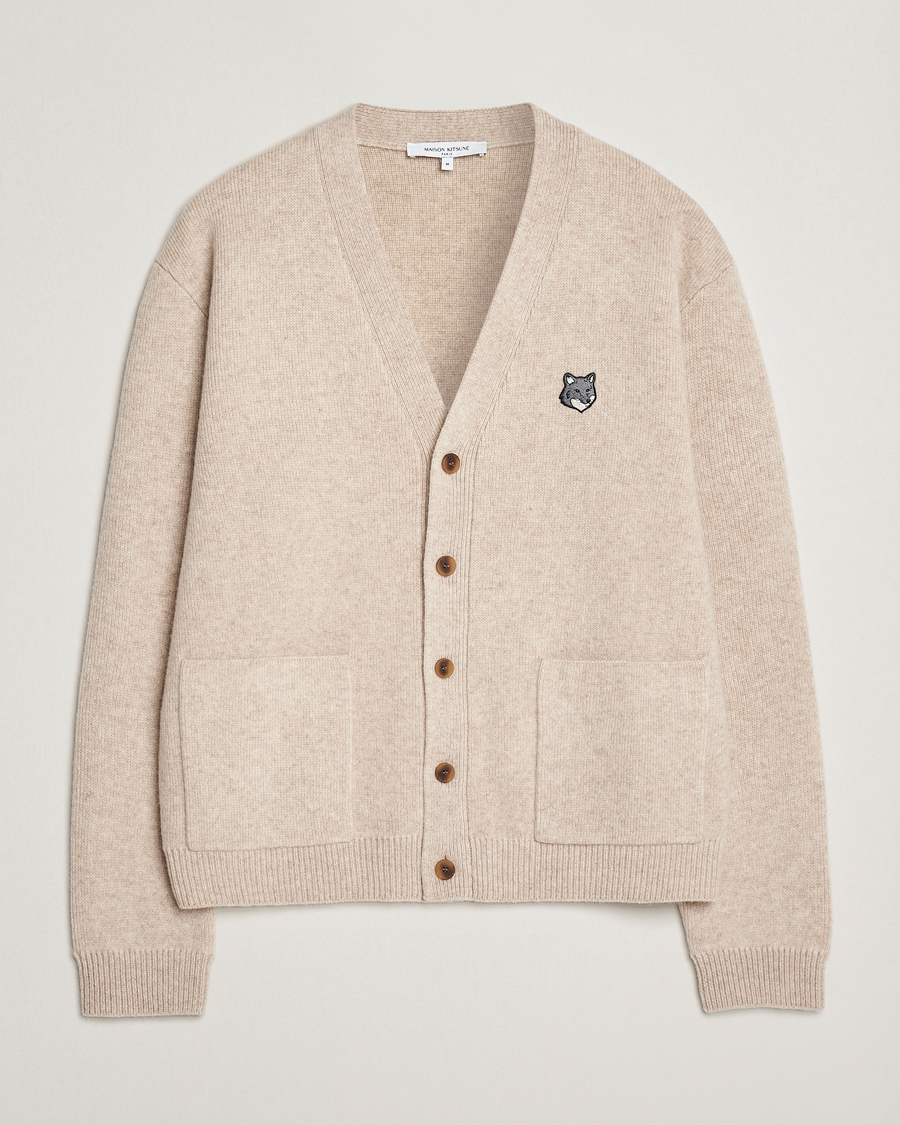 Men | Sweaters & Knitwear | Maison Kitsuné | Grey Fox Head Milano Lambswool Cardigan Tan Beige