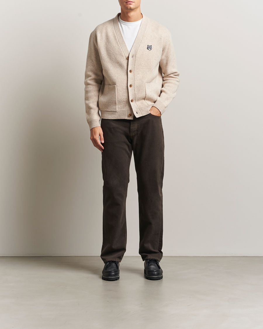 Men | Sweaters & Knitwear | Maison Kitsuné | Grey Fox Head Milano Lambswool Cardigan Tan Beige