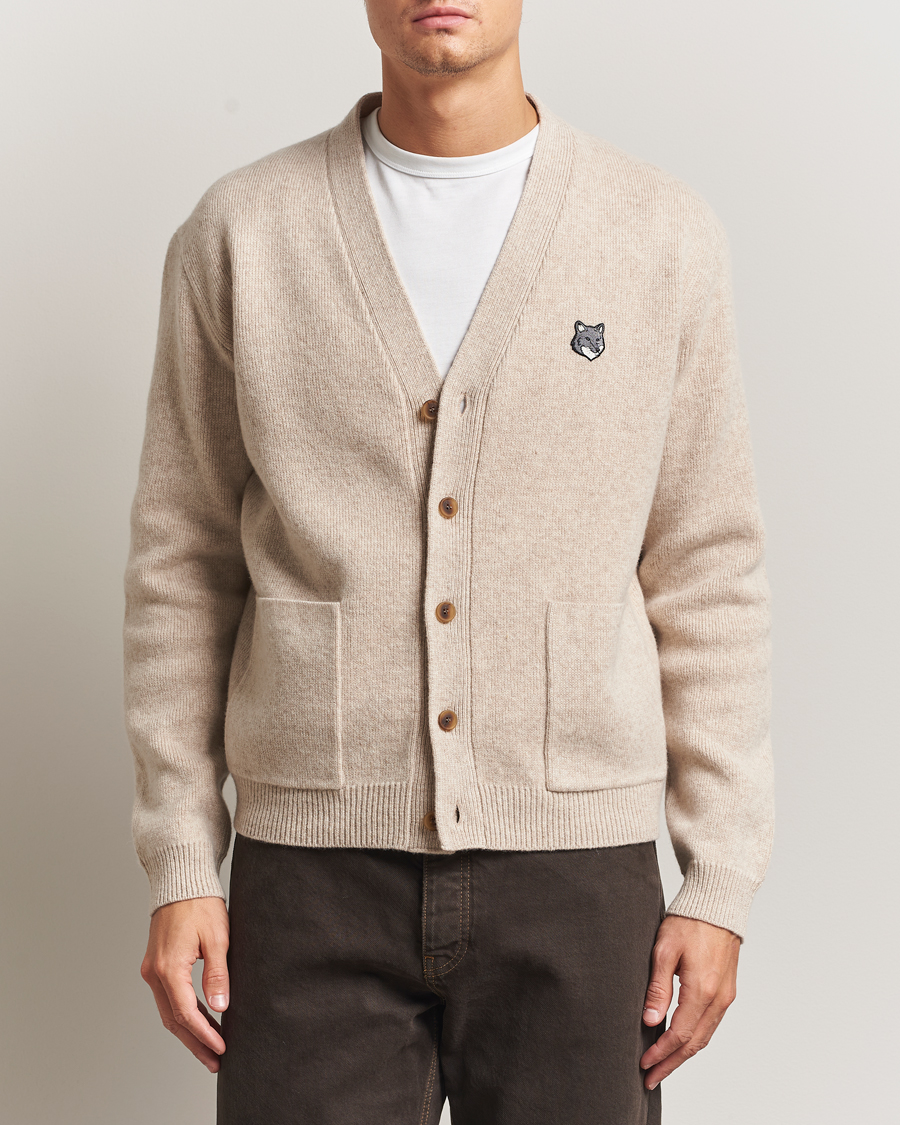 Men | Sweaters & Knitwear | Maison Kitsuné | Grey Fox Head Milano Lambswool Cardigan Tan Beige