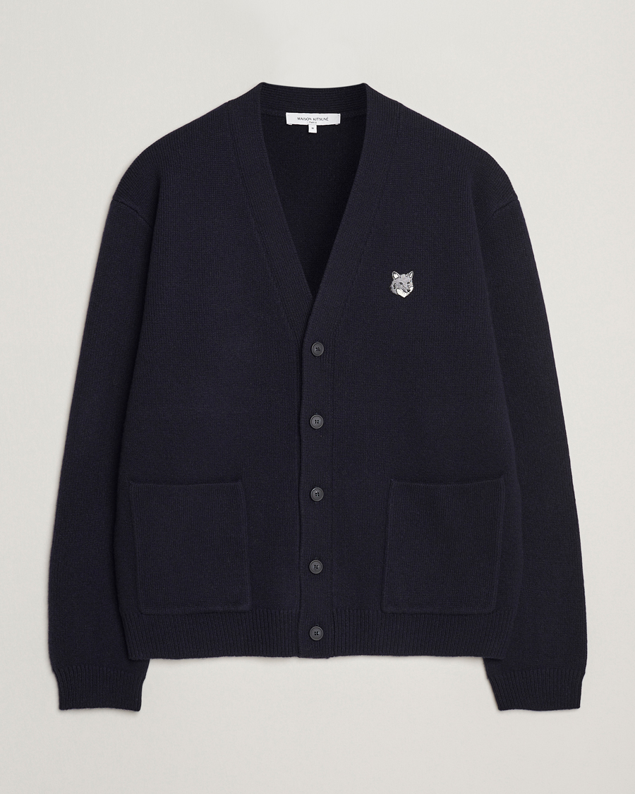 Men | Sweaters & Knitwear | Maison Kitsuné | Grey Fox Head Milano Lambswool Cardigan Classic Navy