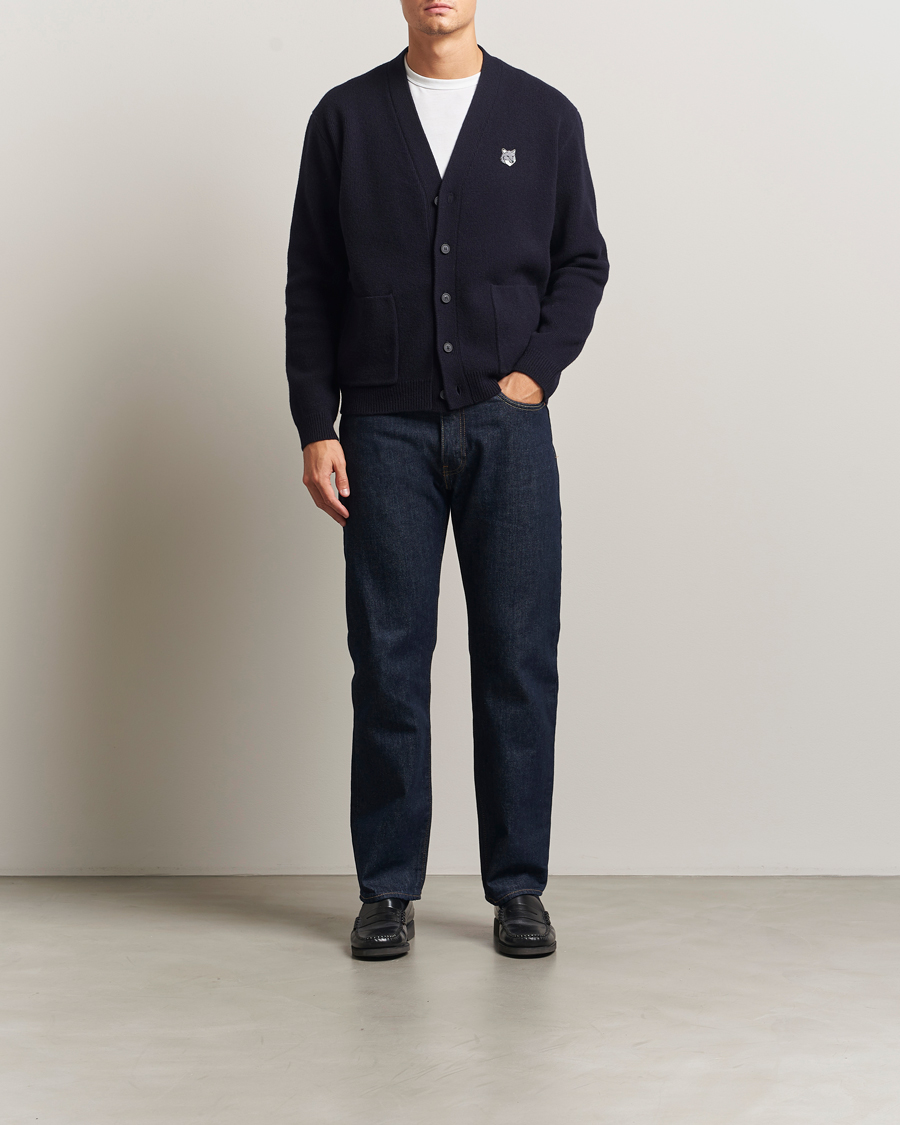 Men | Sweaters & Knitwear | Maison Kitsuné | Grey Fox Head Milano Lambswool Cardigan Classic Navy