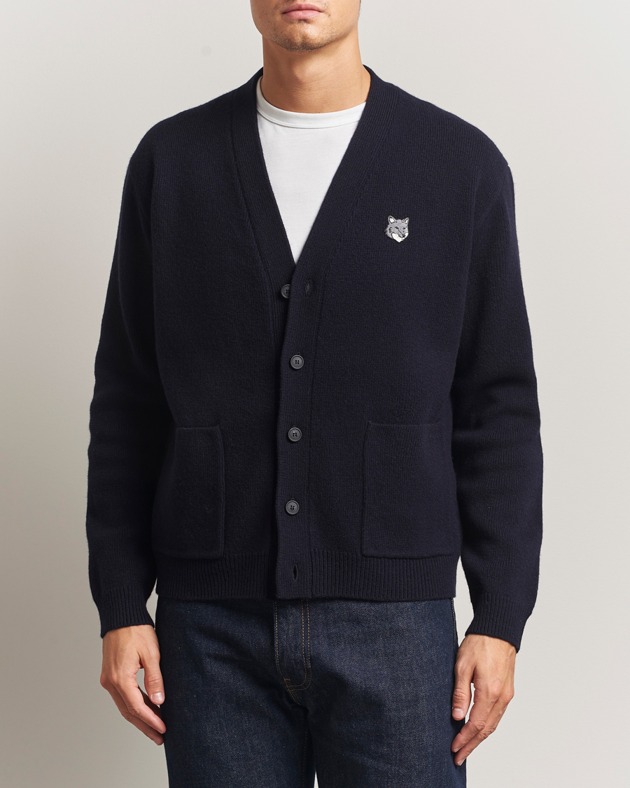 Men | Sweaters & Knitwear | Maison Kitsuné | Grey Fox Head Milano Lambswool Cardigan Classic Navy