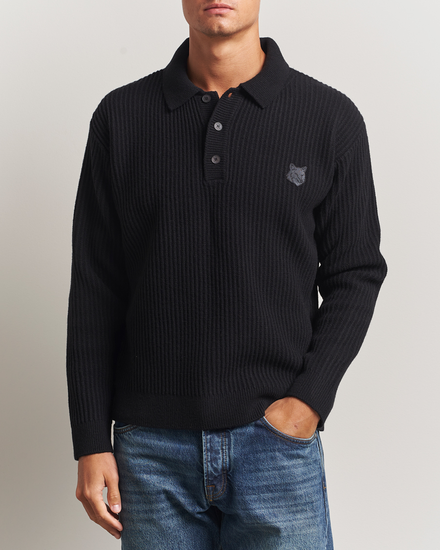 Men | Sweaters & Knitwear | Maison Kitsuné | Tonal Fox Head Wool Ribbed Polo Black