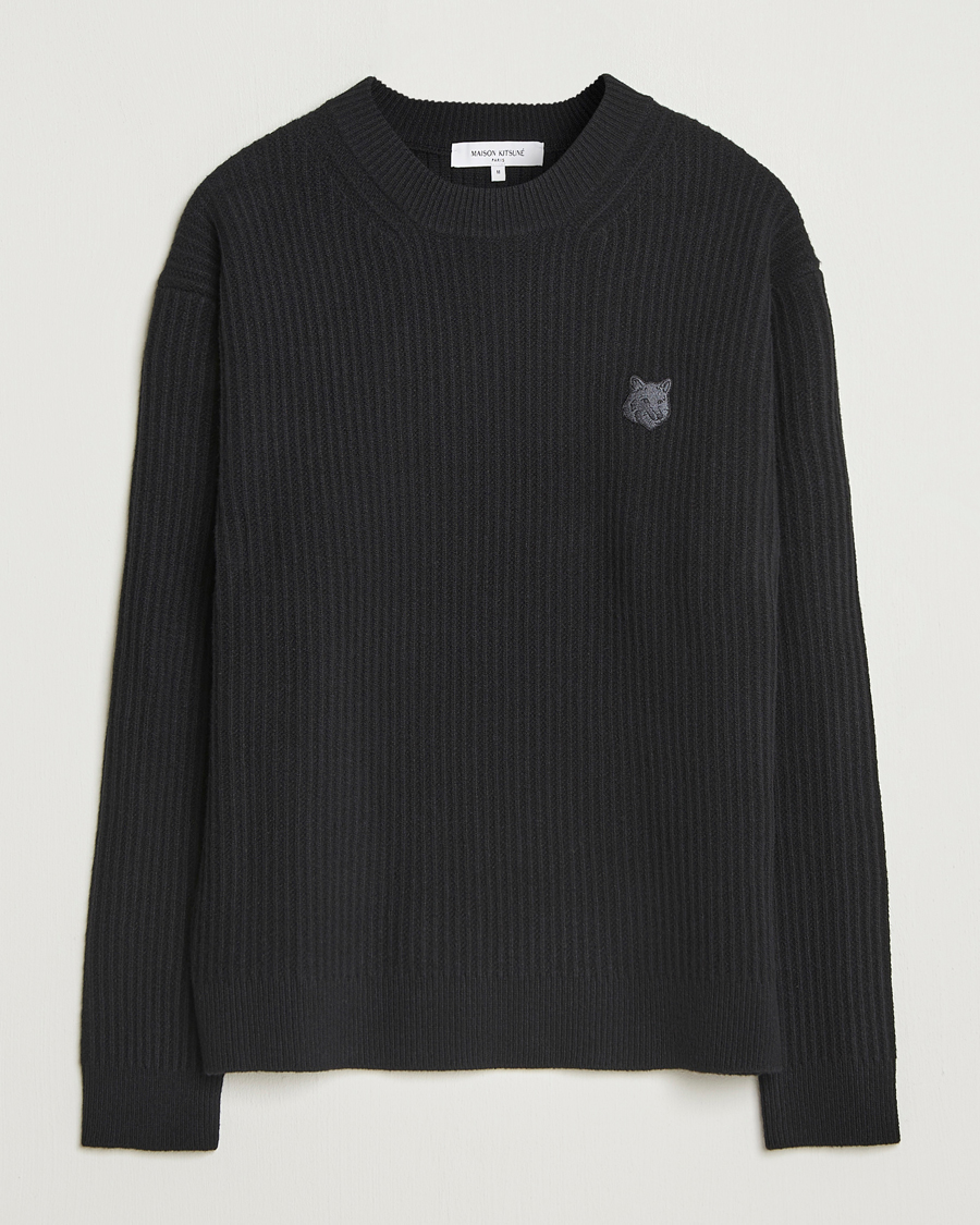 Men | Sweaters & Knitwear | Maison Kitsuné | Tonal Fox Head Wool Ribbed Sweater Black