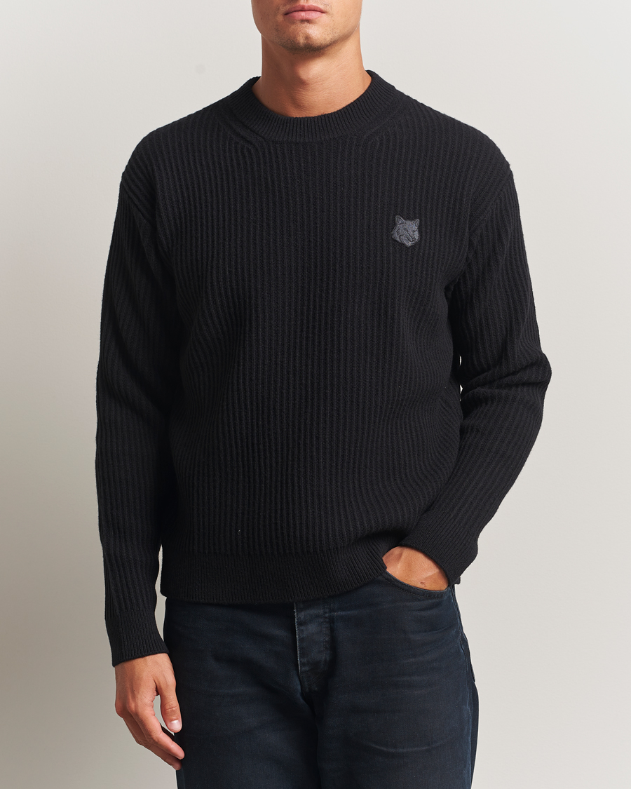 Men | Sweaters & Knitwear | Maison Kitsuné | Tonal Fox Head Wool Ribbed Sweater Black