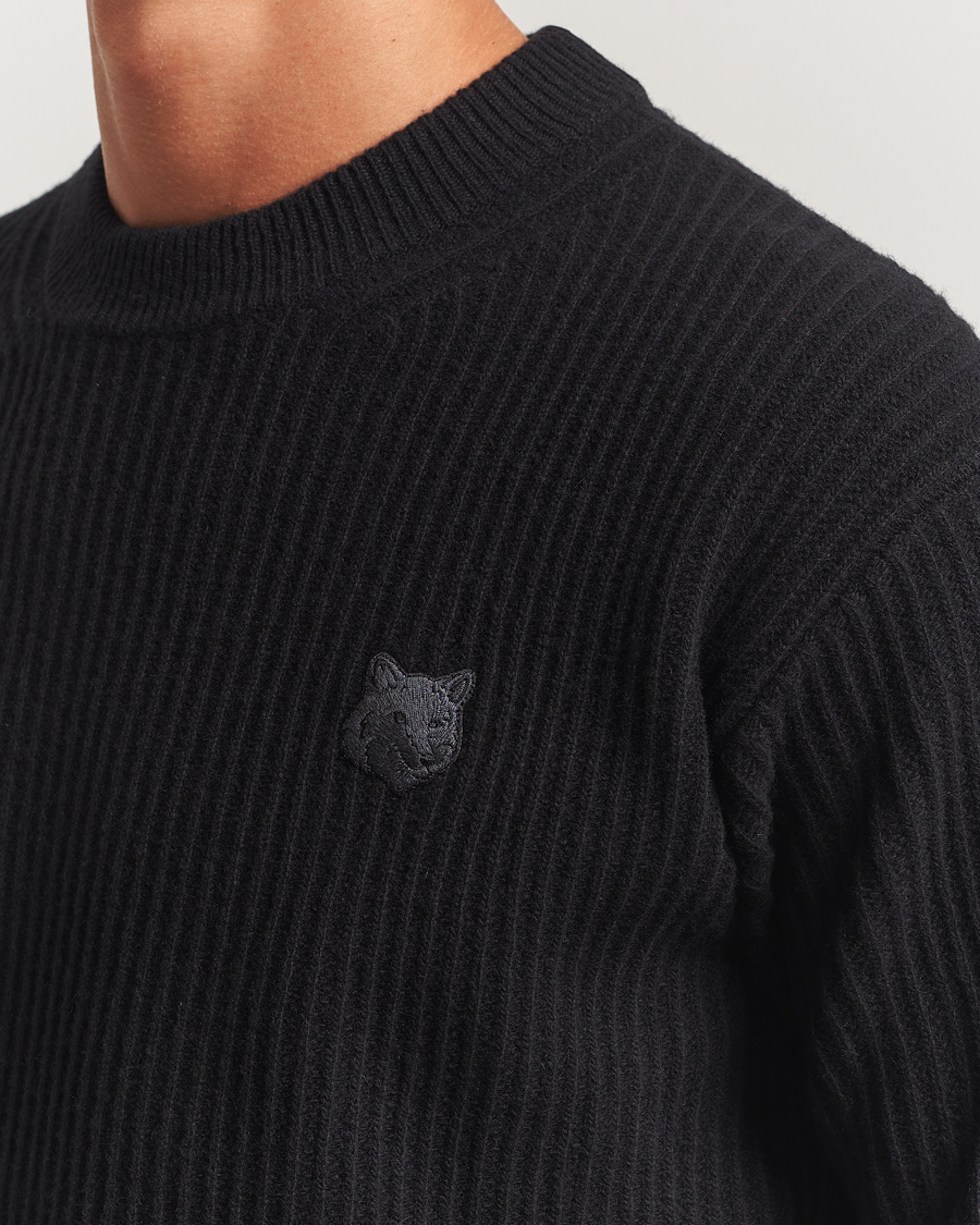 Men | Sweaters & Knitwear | Maison Kitsuné | Tonal Fox Head Wool Ribbed Sweater Black