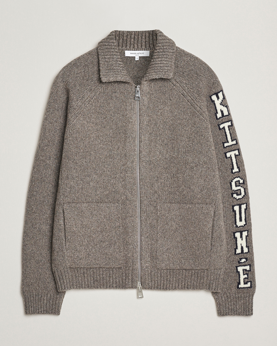 Men | Sweaters & Knitwear | Maison Kitsuné | College Wool Knitted Full Zip Medium Grey Melange