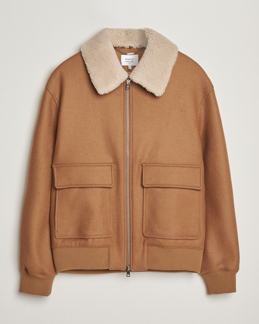 Men | Coats & Jackets | Maison Kitsuné | Wool Shearling Collar Aviator Jacket Ginger Brown