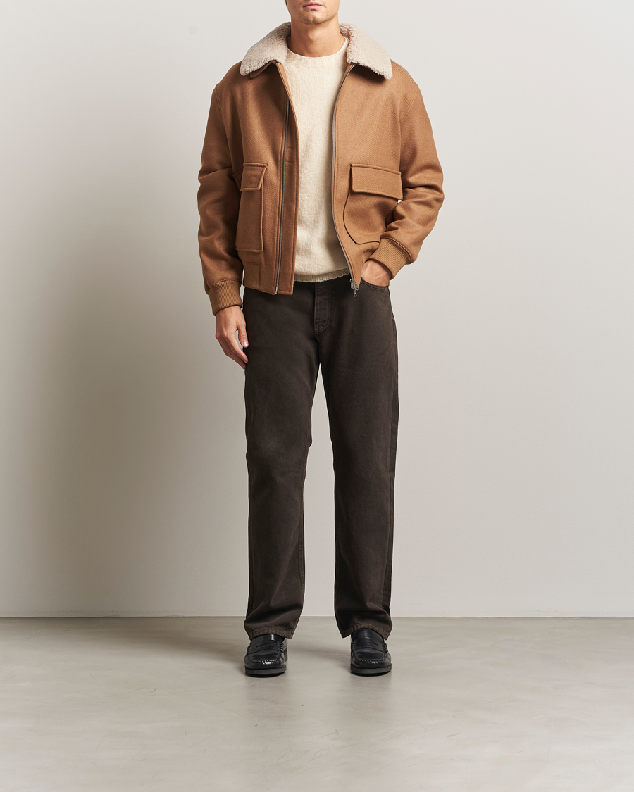 Men | Coats & Jackets | Maison Kitsuné | Wool Shearling Collar Aviator Jacket Ginger Brown