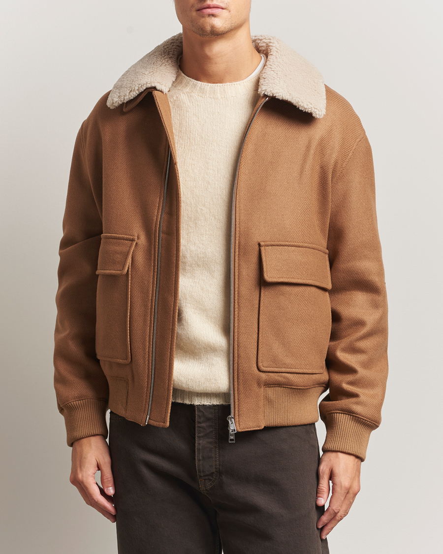 Men | Coats & Jackets | Maison Kitsuné | Wool Shearling Collar Aviator Jacket Ginger Brown