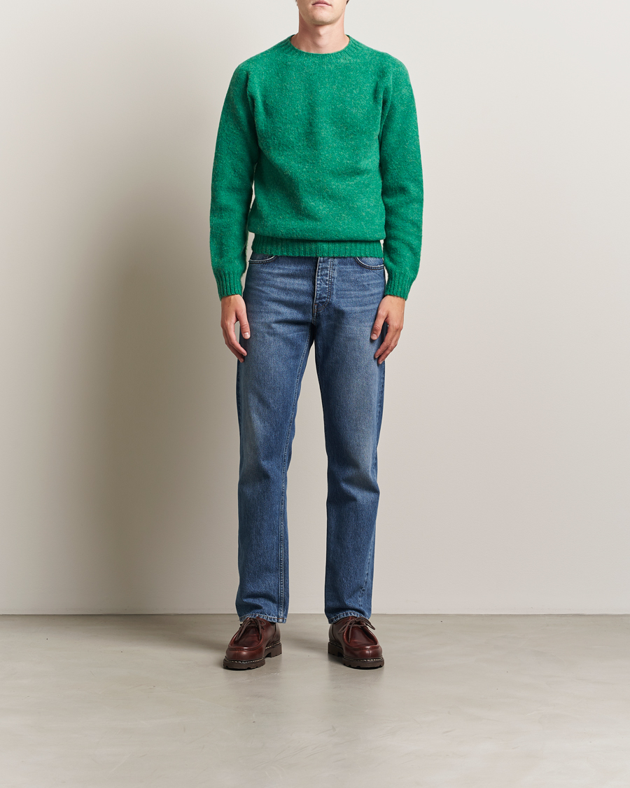 Men | Sweaters & Knitwear | Harley Of Scotland | Brushed Supersoft Lambswool Crewneck Evergreen