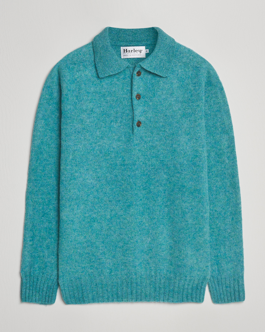 Men | Sweaters & Knitwear | Harley Of Scotland | Brushed Supersoft Lambswool Polo Hummingbird