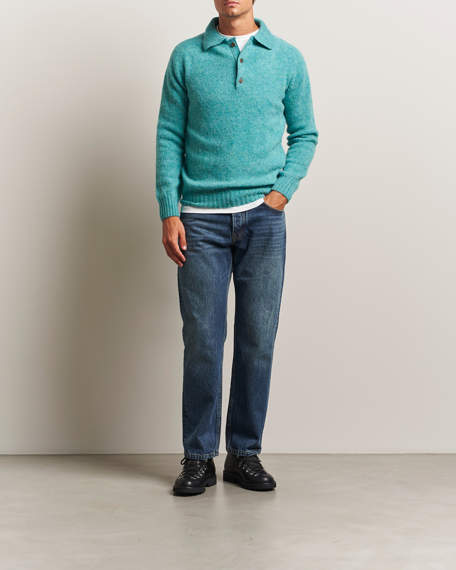 Men | Sweaters & Knitwear | Harley Of Scotland | Brushed Supersoft Lambswool Polo Hummingbird