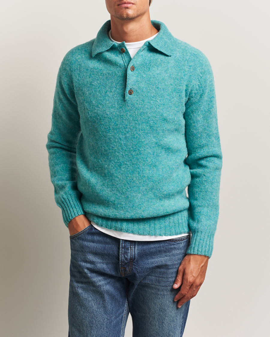 Men | Sweaters & Knitwear | Harley Of Scotland | Brushed Supersoft Lambswool Polo Hummingbird