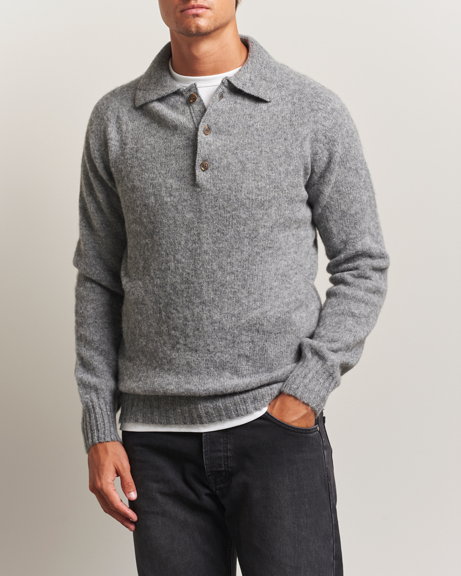 Men | Sweaters & Knitwear | Harley Of Scotland | Brushed Supersoft Lambswool Polo Mid Grey