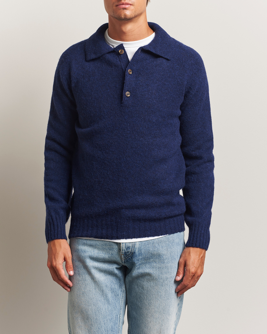 Men | Sweaters & Knitwear | Harley Of Scotland | Brushed Supersoft Lambswool Polo Nightsky