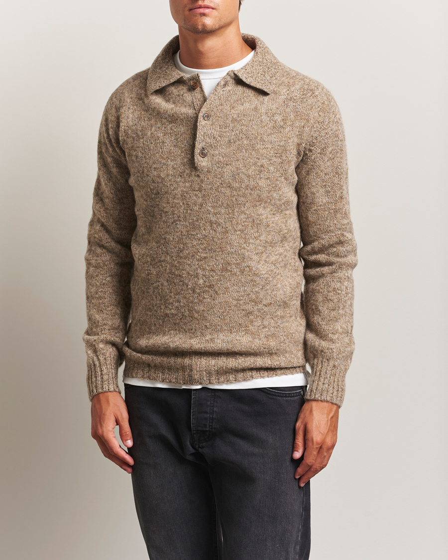 Men | Sweaters & Knitwear | Harley Of Scotland | Brushed Supersoft Lambswool Polo Pebble