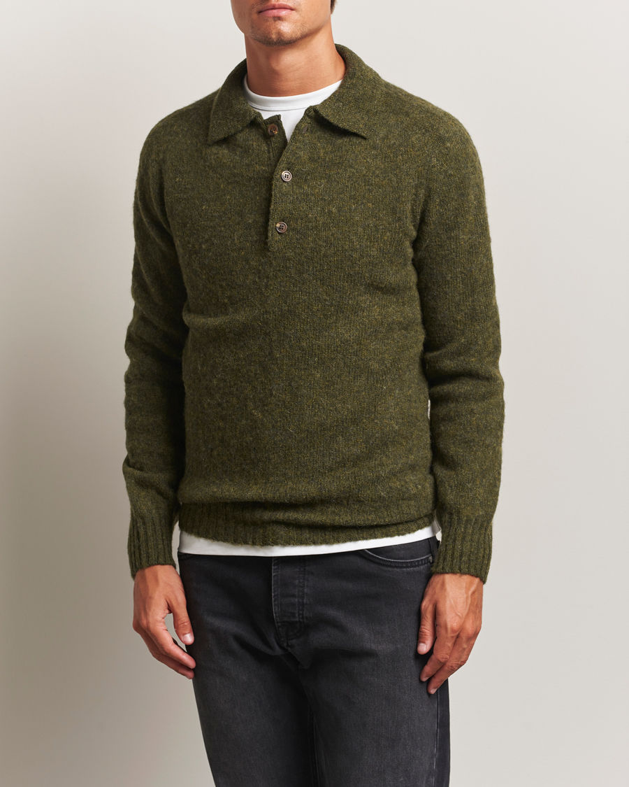Men | Sweaters & Knitwear | Harley Of Scotland | Brushed Supersoft Lambswool Polo Scots Pine