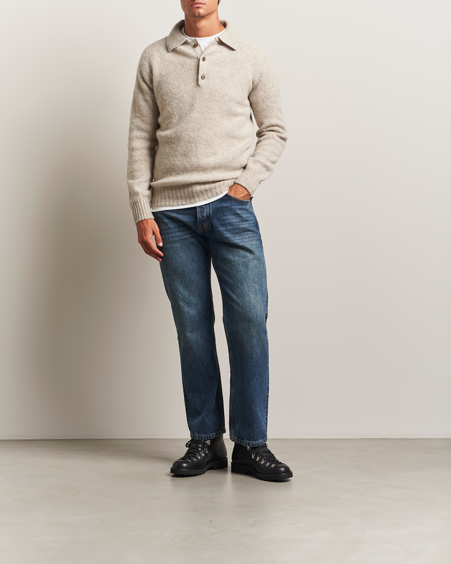 Men | Sweaters & Knitwear | Harley Of Scotland | Brushed Supersoft Lambswool Polo Vellum