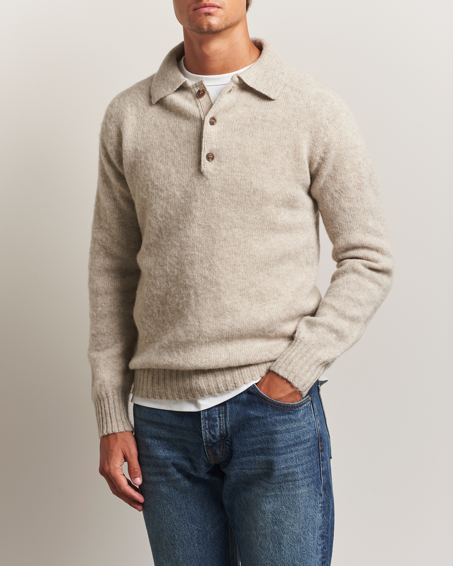 Men | Sweaters & Knitwear | Harley Of Scotland | Brushed Supersoft Lambswool Polo Vellum