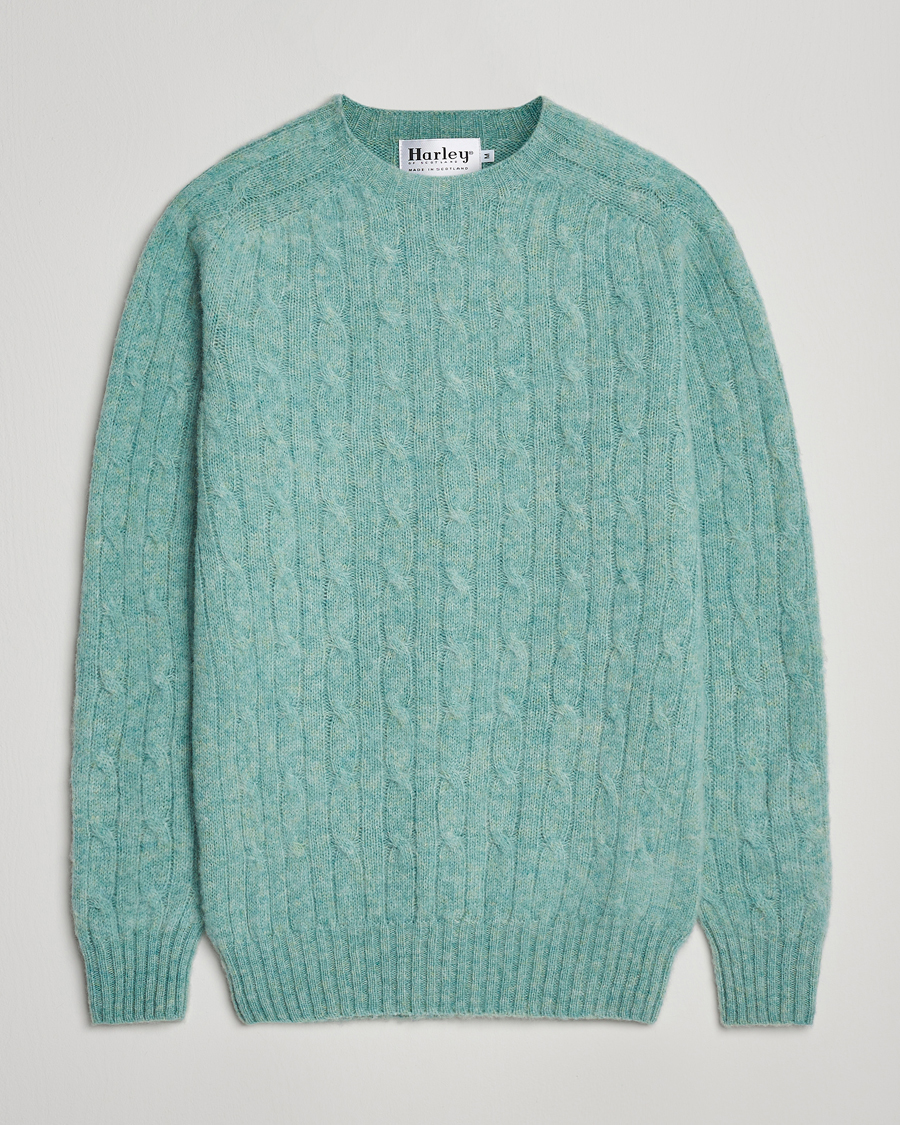 Men | Sweaters & Knitwear | Harley Of Scotland | Brushed Supersoft Lambswool Cable Opal