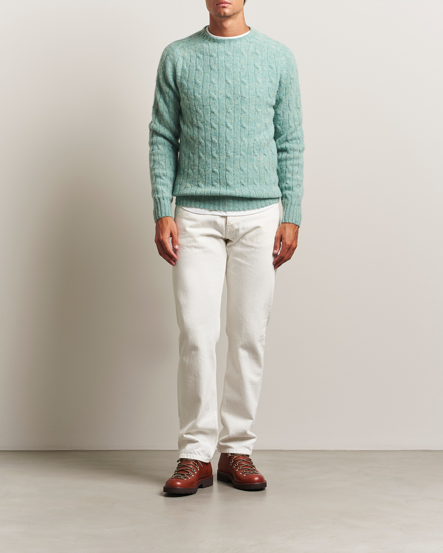 Men | Sweaters & Knitwear | Harley Of Scotland | Brushed Supersoft Lambswool Cable Opal