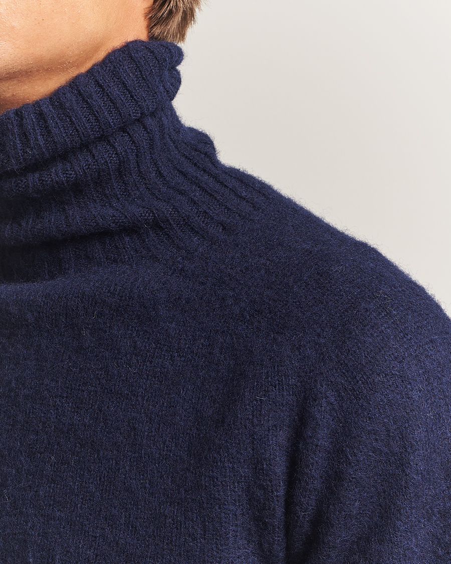 Men | Sweaters & Knitwear | Harley Of Scotland | Brushed Supersoft Lambswool Rollneck Navy