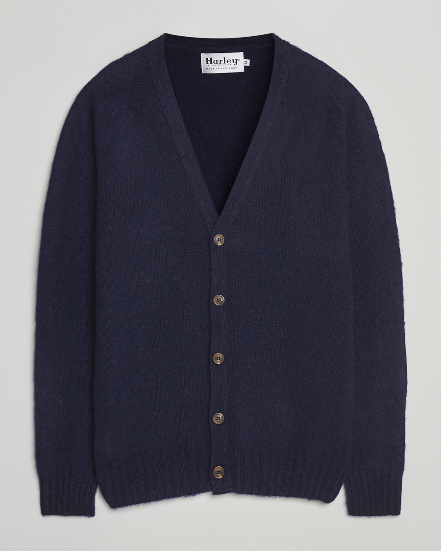 Men | Sweaters & Knitwear | Harley Of Scotland | Brushed Supersoft Lambswool Cardigan Navy