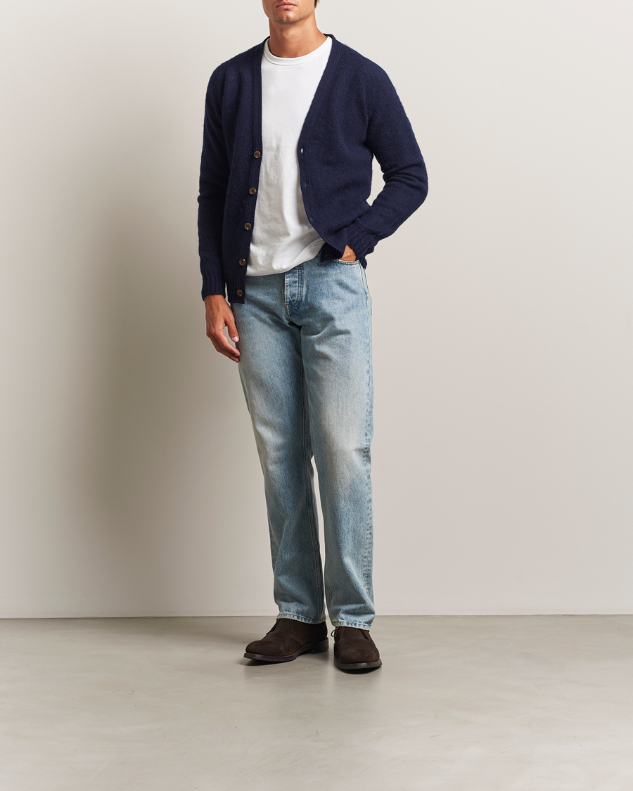 Men | Sweaters & Knitwear | Harley Of Scotland | Brushed Supersoft Lambswool Cardigan Navy