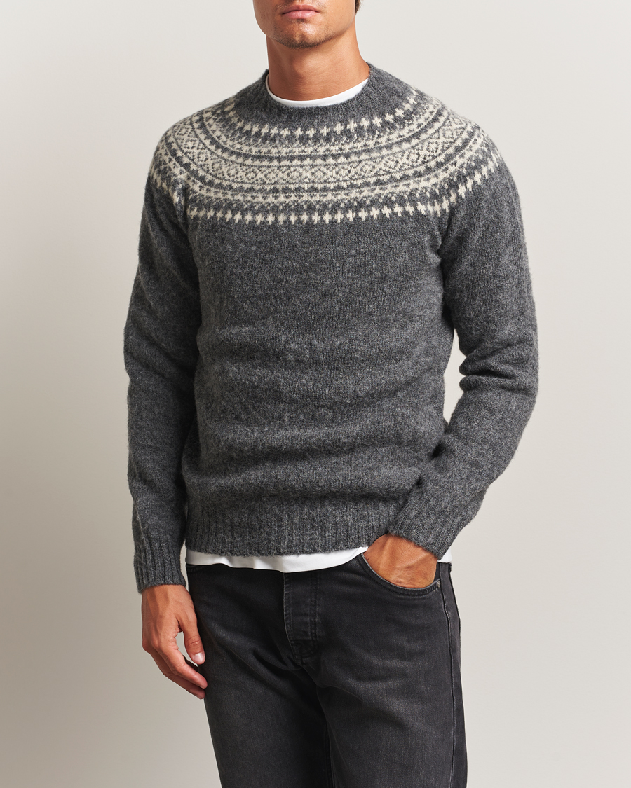 Men | Sweaters & Knitwear | Harley Of Scotland | Brushed Supersoft Lambswool Yolk Fairisle Grey