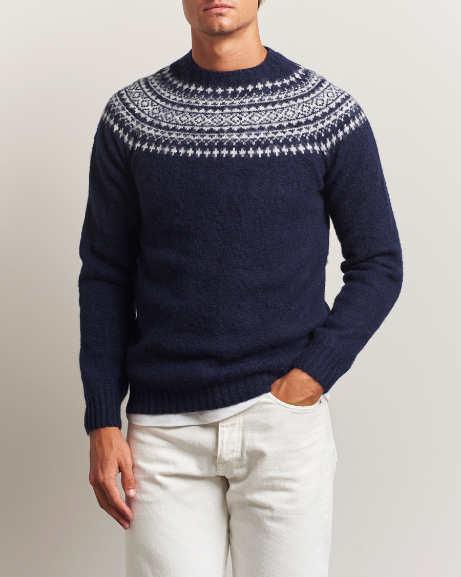 Men | Sweaters & Knitwear | Harley Of Scotland | Brushed Supersoft Lambswool Yolk Fairisle Navy