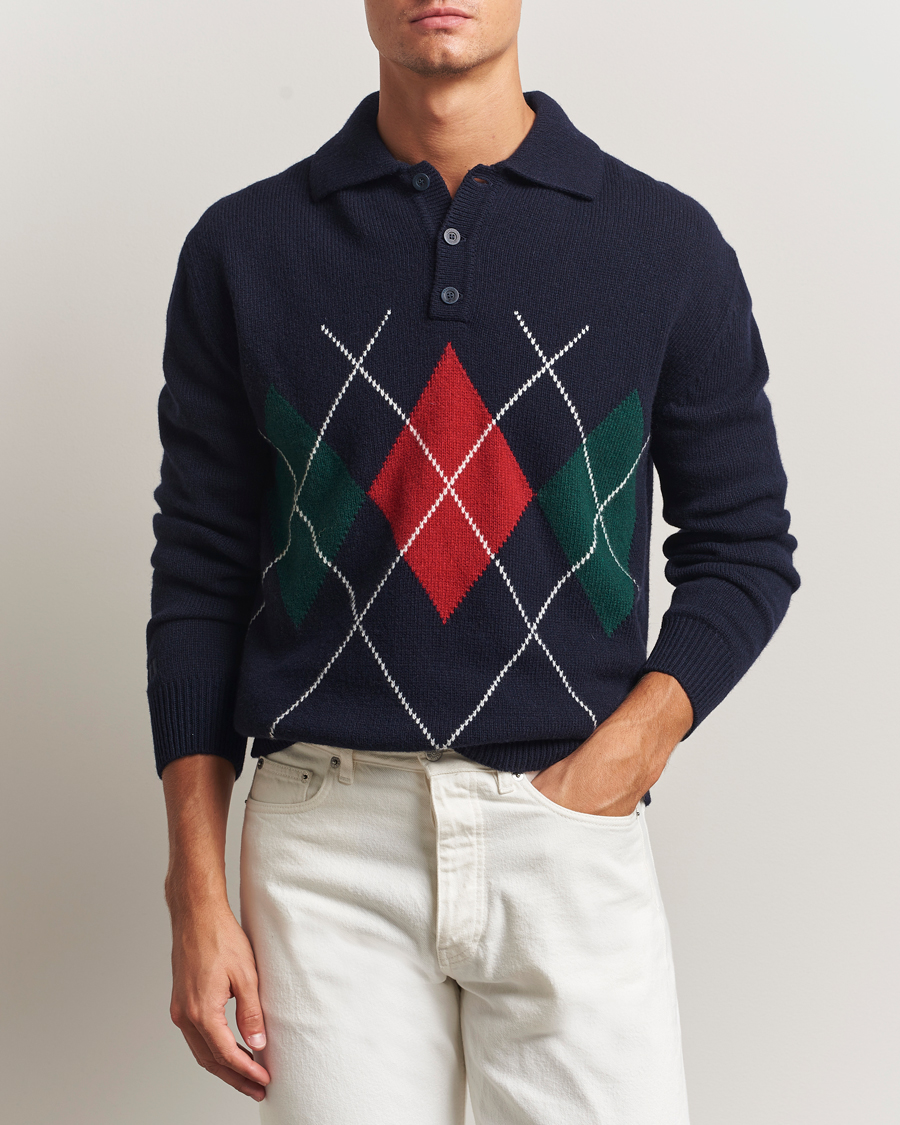 Men | Sweaters & Knitwear | Baracuta | Argyle Wool Polo Neck Navy
