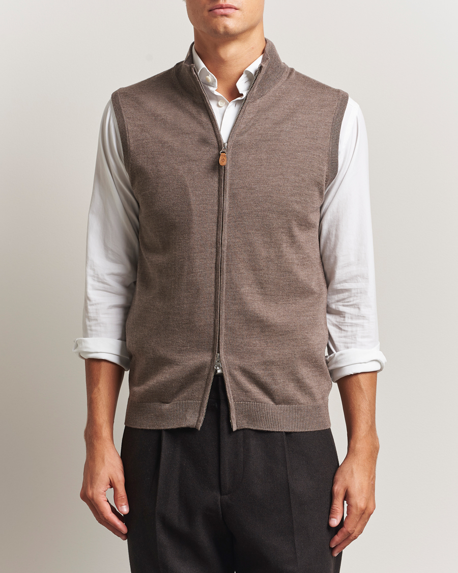 Men | Sweaters & Knitwear | Morris | Merino Zip Vest Brown