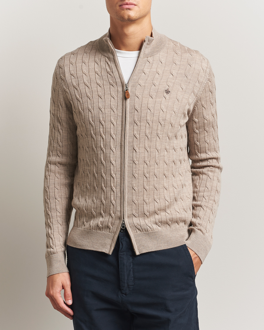 Men | Sweaters & Knitwear | Morris | Merino Cable Zip Cardigan Khaki