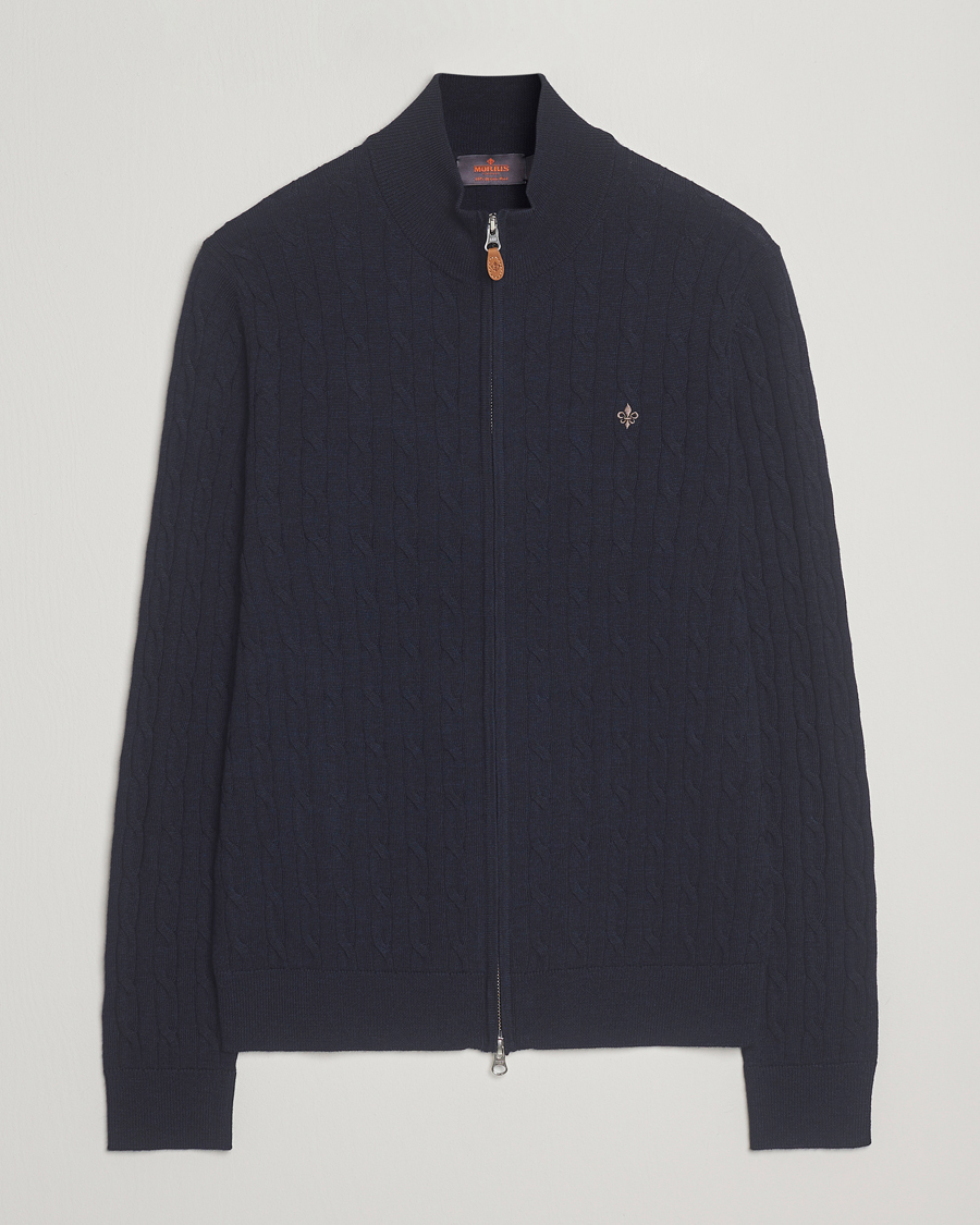 Men | Sweaters & Knitwear | Morris | Merino Cable Zip Cardigan Navy