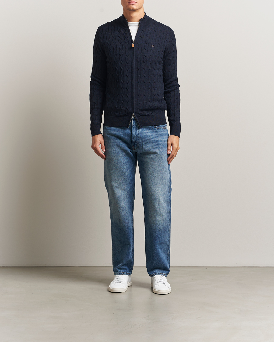 Men | Sweaters & Knitwear | Morris | Merino Cable Zip Cardigan Navy