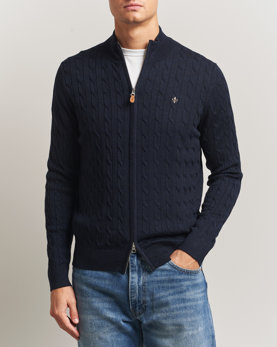 Men | Sweaters & Knitwear | Morris | Merino Cable Zip Cardigan Navy
