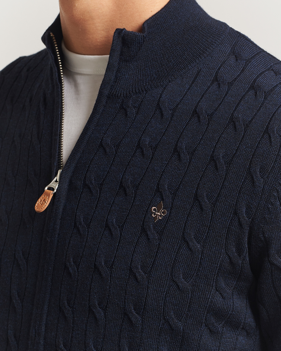 Men | Sweaters & Knitwear | Morris | Merino Cable Zip Cardigan Navy